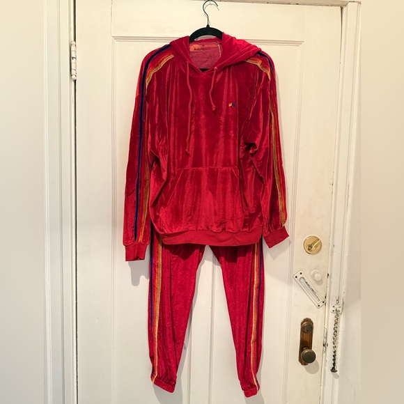 Aviator Nation Classic Red Velvet Pullover Hoodie Sweatpants set